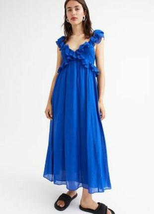 H&m натуральне плаття сарафан з рюшами і відкритою спинкою максі міді синього кольору s m  l / 36 38 40
