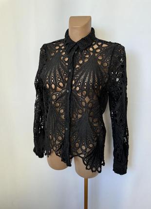 Ажурна чорна блуза сорочка готік готична з обʼємного ultra pink мережива