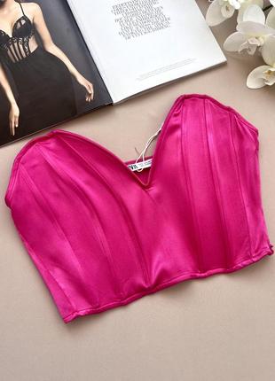 Розовый корсетный топ zara с глубоким декольте на моно косточке