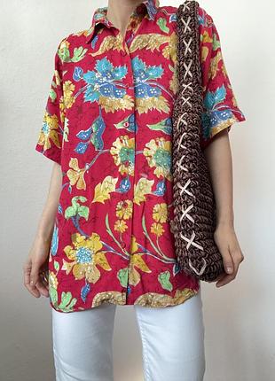 Хлопковая рубашка короткий рукав рубашка оверсайз блузка фуксия блуза цветы рубашка винтажная блузка