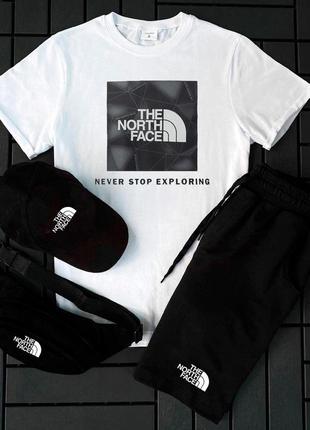 Чоловічий літній костюм the north face футболка + шорти + кепка + барсетка білий комплект зе норт фейс (b)
