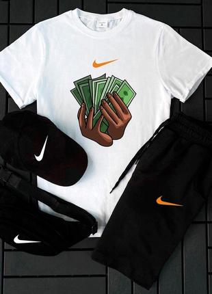 Чоловічий літній костюм nike футболка + шорти + кепка + барсетка білий комлпект найк (b)