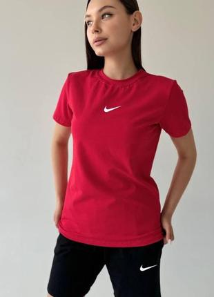 Жіночий літній костюм nike футболка + шорти червоний з чорним комплект найк на літо (b)