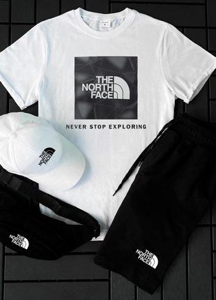 Чоловічий літній костюм the north face футболка + шорти + кепка + барсетка білий комплект зе норт фейс (b)