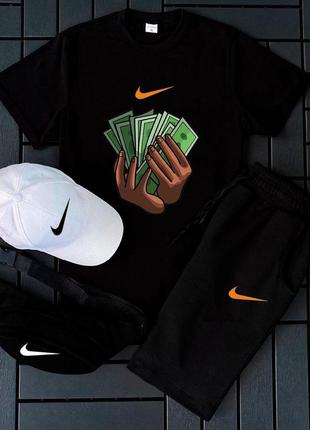 Чоловічий літній костюм nike футболка + шорти + кепка + барсетка чорний комлпект найк (b)