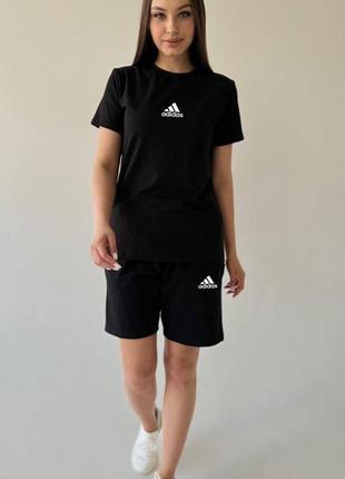 Женский летний костюм adidas футболка + шорты черный комплект адидас на лето (b)