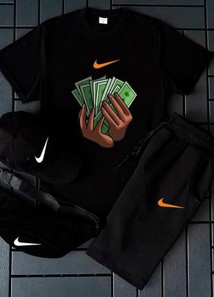 Чоловічий літній костюм nike футболка + шорти + кепка + барсетка чорний комлпект найк (b)