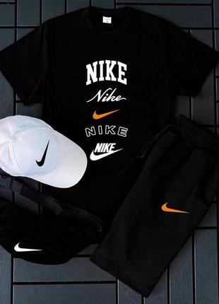 Чоловічий літній костюм nike футболка + шорти + кепка + барсетка чорний комлпект найк (b)