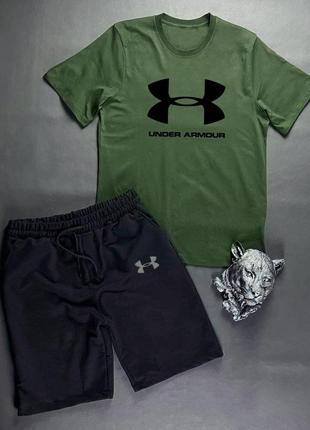 Чоловічий літній костюм under armour футболка + шорти зелений з чорним комплект андер армор на літо (b)