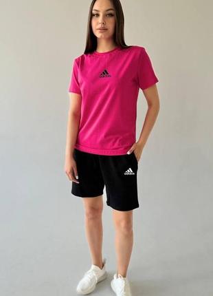 Женский летний костюм adidas футболка + шорты розовый с черным комплект адидас на лето (b)