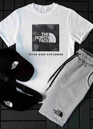 Чоловічий літній костюм the north face футболка + шорти + кепка + барсетка білий комплект зе норт фейс (b)