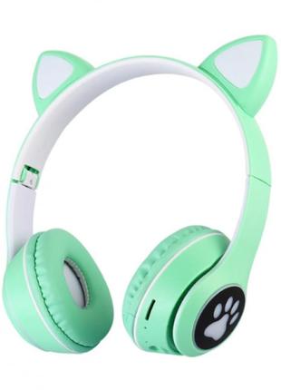 Беспроводные наушники с кошачьими ушками и rgb подсветкой fm радио, micro sd cat mz-023 бирюзовые