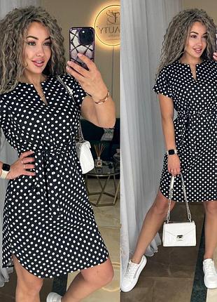 Платье мини в горошек свободного кроя платье с разрезами по бокам короткая с поясом стильная базовая черная белая