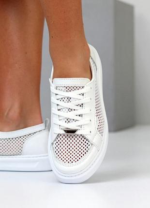 Базовые белые прошитые кеды натуральная кожа текстильная сетка