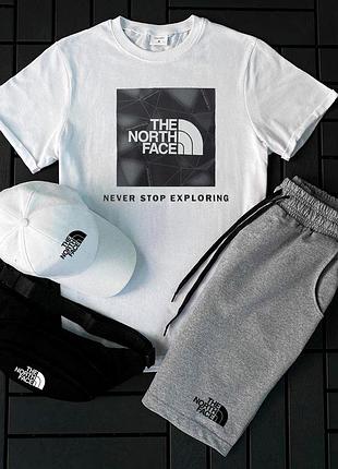 Чоловічий літній костюм the north face футболка + шорти + кепка + барсетка білий комплект зе норт фейс (b)