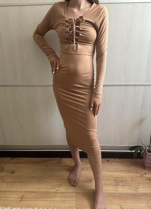 Сукня міді missguided з довгим рукавом з шнурівкою на декольте s облягаюча