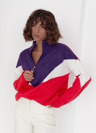 Женская трехцветкая кофта с молнией на воротнике - фиолетовый цвет, l (есть размеры)8 фото
