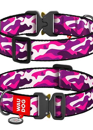 Ошейник для собак нейлоновый waudog nylon с qr паспортом, рисунок "розовый камо", металлическая