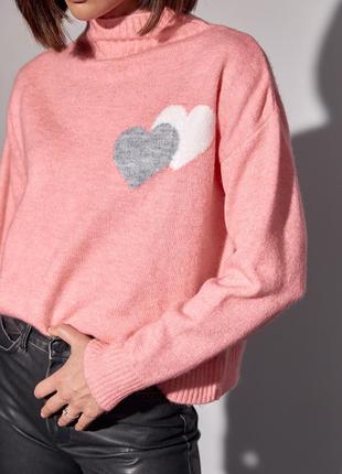 Вязаный свитер с двумя сердечками - розовый цвет, l (есть размеры)4 фото
