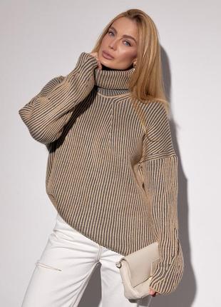 Женский вязаный свитер оверсайз с узором в рубчик - кофейный цвет, l (есть размеры)6 фото