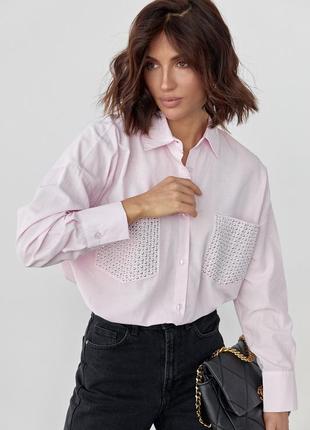 Женская рубашка с термостразами на карманах - розовый цвет, m (есть размеры)7 фото