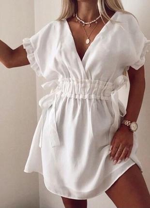 Біла лляна міні сукня від zara з бантиками та декоративними рукавами