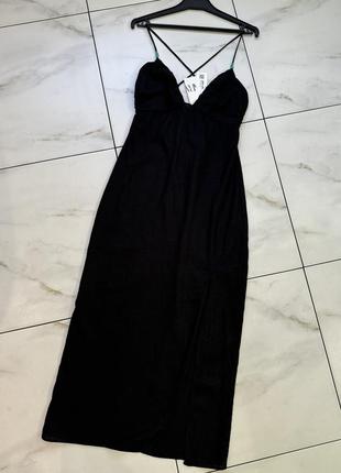 Вечерний черный длинный льняной сарафан миди в пол zara s (40-42)