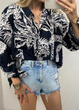 Нова лляна сорочка принт листя h&m блуза льон із льону