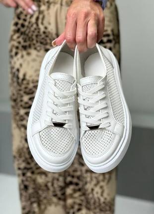 Натуральные кожаные летние белые кеды - кроссовки с текстильной сеткой