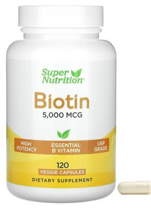 Super nutrition биотин 5000 мкг 120 вегетарианских капсул бад для волос кожи ногтей spn-02354