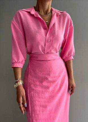 Жіночий літній костюм двійка сорочка і спідниця з льону жатка батал