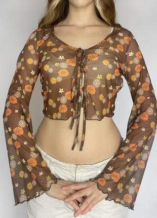 Топ з довгим рукавом кльош кофта сітка сітчаста блуза на завʼязках болеро коричнева з принтом квіти ромашки