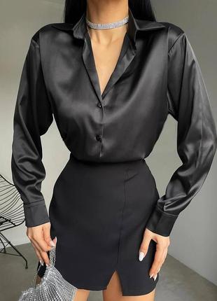 Женская базовая однотонная оверсайз рубашка шелк белый черный серый оливка размер: 42-46 48-52