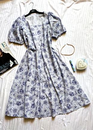 Хлопковое натуральное платье миди spring fashion в цветочный принт 38 размер с пышными рукавами