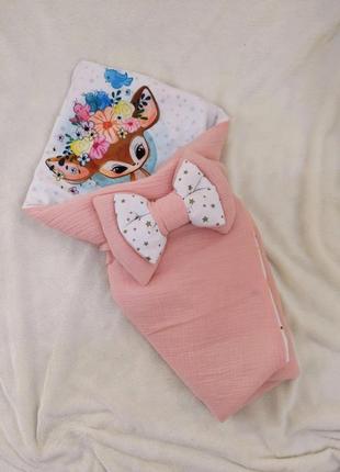 Мусліновий конверт для новонароджених дівчаток, пудра, принт оленя