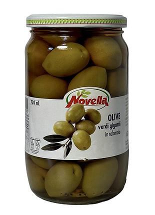 Оливки зеленые novella гиганты с костью в рассоле olive verdi giganti in salamoia, 670 г/360 г