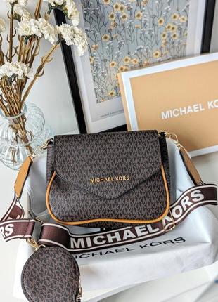 Сумка жіноча michael kors крос-боді 2 в 1 майкл корс коричневий із бежев вставками