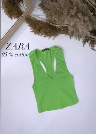 Топ зелений неоновий майка топ в рубчик zara с v-образным вырезом классный стильный летний