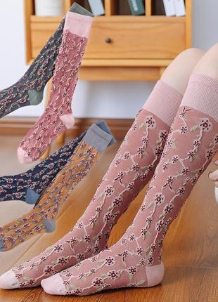Високі шкарпетки з квітами ніжно рожеві 3723 кольорові пудра довгі носки бавовняні гольфи на дівчину