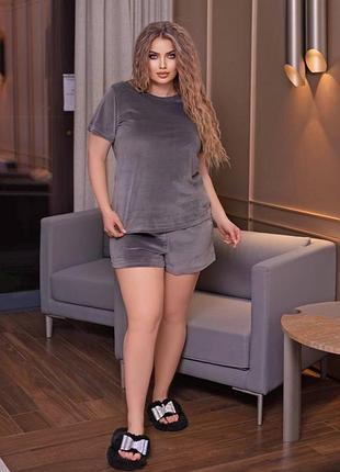 Велюровая женская пижама шорты и футболка dc-321