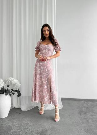 Сукня міді з розрізом,корсетна,корсет,з рукавами,плаття довге,квітковий принт,з квітами,бежеве,беж,пудра,бежева,пудрова