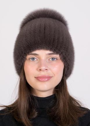 Женская вязаная меховая норковая шапка с помпоном из меха песца