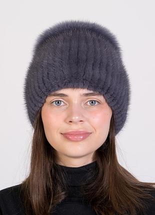 Женская вязаная меховая норковая шапка с помпоном из меха песца
