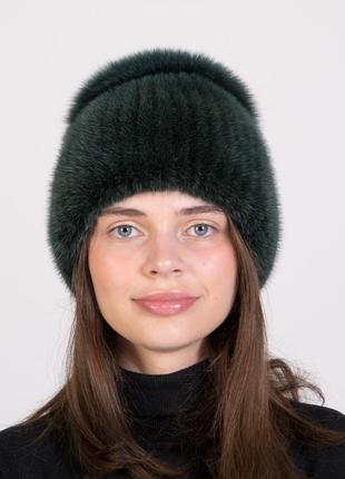 Женская вязаная меховая норковая шапка с помпоном из меха песца