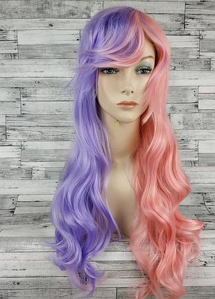 6824 парик с двумя хвостами розовый и фиолетовый двухцветный лолита волнистый с челкой