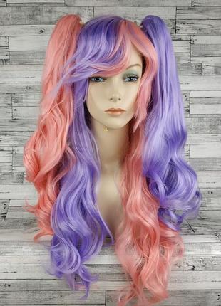 6824 парик с двумя хвостами розовый и фиолетовый двухцветный лолита волнистый с челкой