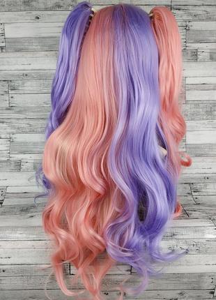 6824 парик с двумя хвостами розовый и фиолетовый двухцветный лолита волнистый с челкой