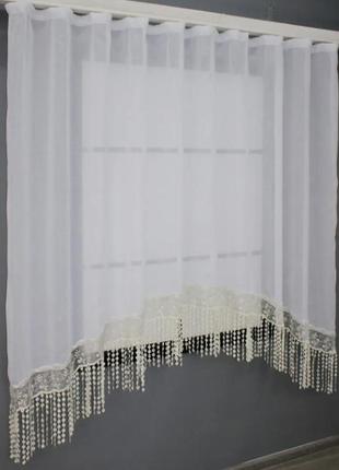 Тюль арка на кухню льон (270х170см) з макраме. колір білий