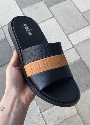 Мужские шлепанцы сланцы jordan из натуральной кожи шлепки кожаные черного цвета