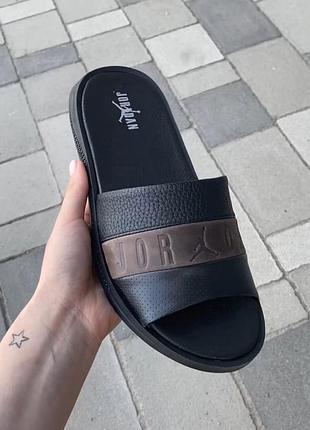 Чоловічі шльопанці сланці jordan з натуральної шкіри шльопки шкіряні чорного кольору2 фото